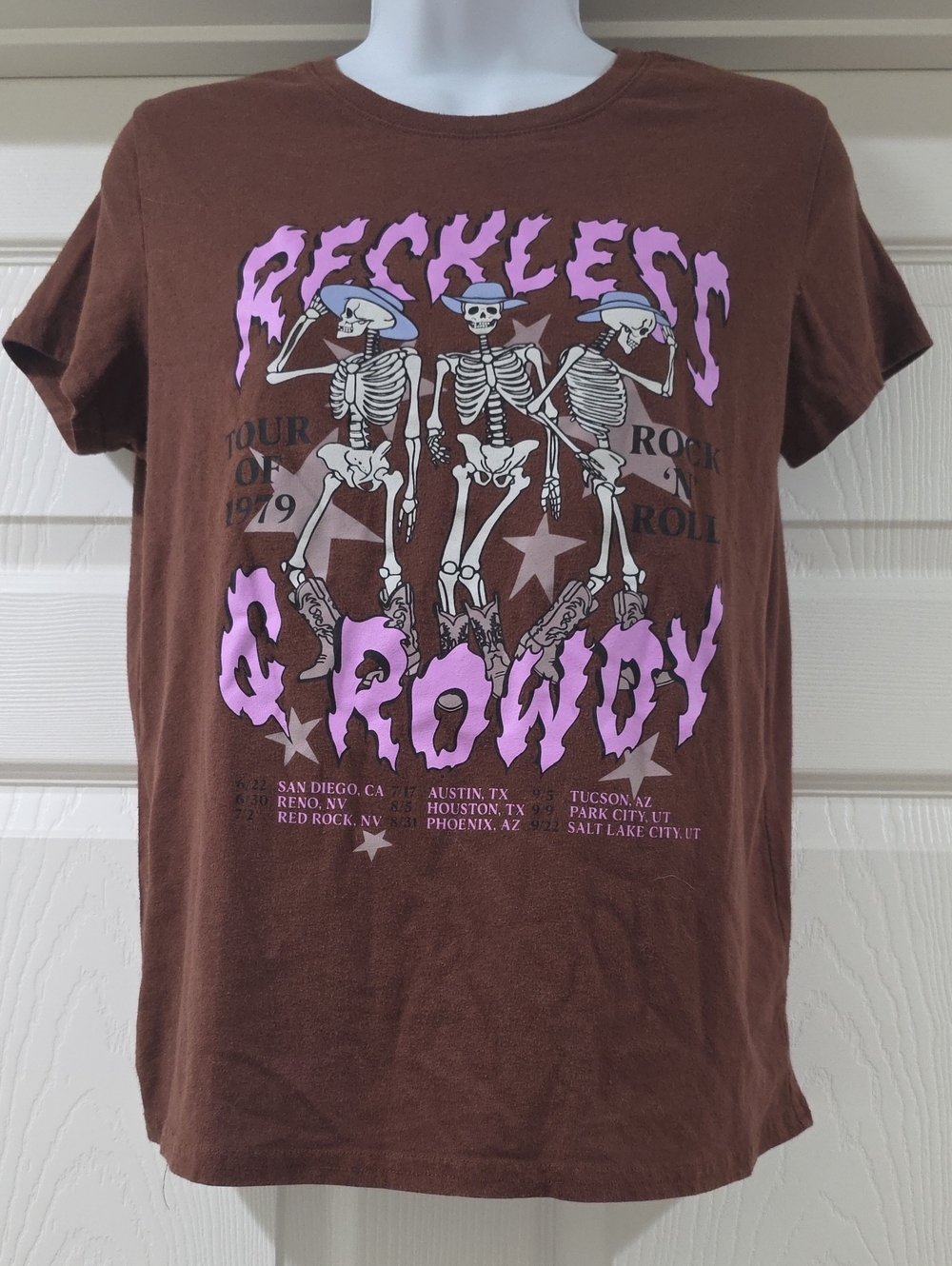 Wound Up Brown Graphic Tee with Pink Skeleton Print
